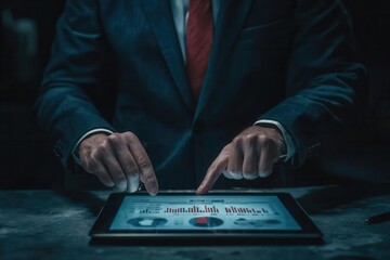 Businessperson presenting data on a tablet while negotiating a financial contract, tech-assisted negotiation, digital presentation in negotiations,