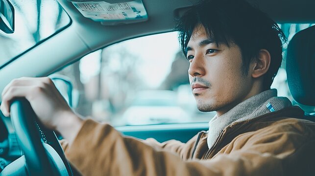 Contemplative Asian Man Focused on Driving a Car on an Urban Journey or Commute Reflection in Window