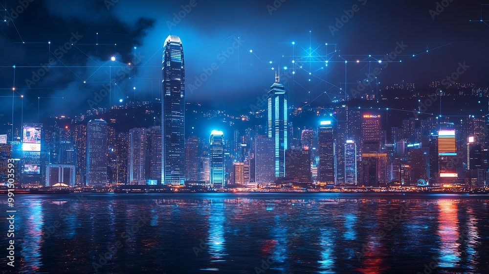 Poster Smart network and Connection technology concept Hong Kong digital city background at night in victoria harbour Cyberpunk color style Panorama view : Generative AI