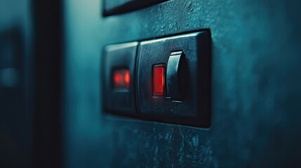 Close-up of a power switch on a control panel, with a clean background above for text.