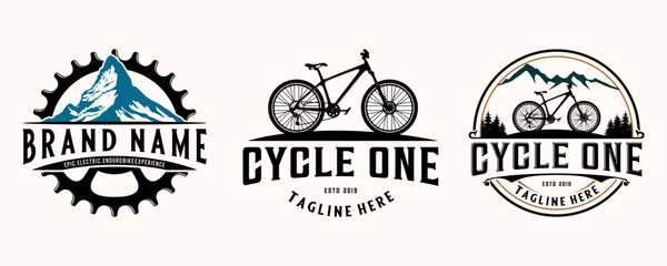 mountain bike emblem logo set. bicycle vector illustration, tree mountain, emblem
