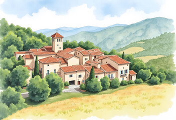 Fototapeta premium hand drawn watercolor painting of beautiful medieval village. landscape painting with buildings, house, brick wall,roof,farm land, hill, trees, lavender fields and bright blue sky for print, etc 