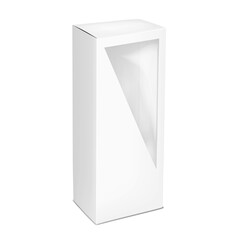White tall vertical paper box with clear plastic triangular window to display product. 3d mockup. Paperboard container with tuck-in flap. Realistic vector mock-up. Transparent window box. Template