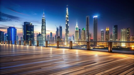 Obraz premium Wooden terrace with breathtaking view of illuminated Dubai skyline at night, panoramic, night scene, asymmetrical, architecture, city lights, Dubai, vacation, breathtaking view, landmark