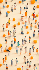 A vibrant scene depicting diverse crowd of people in various outfits, interacting amidst large orange spheres on light background. atmosphere is lively and dynamic, showcasing blend of colors and styl
