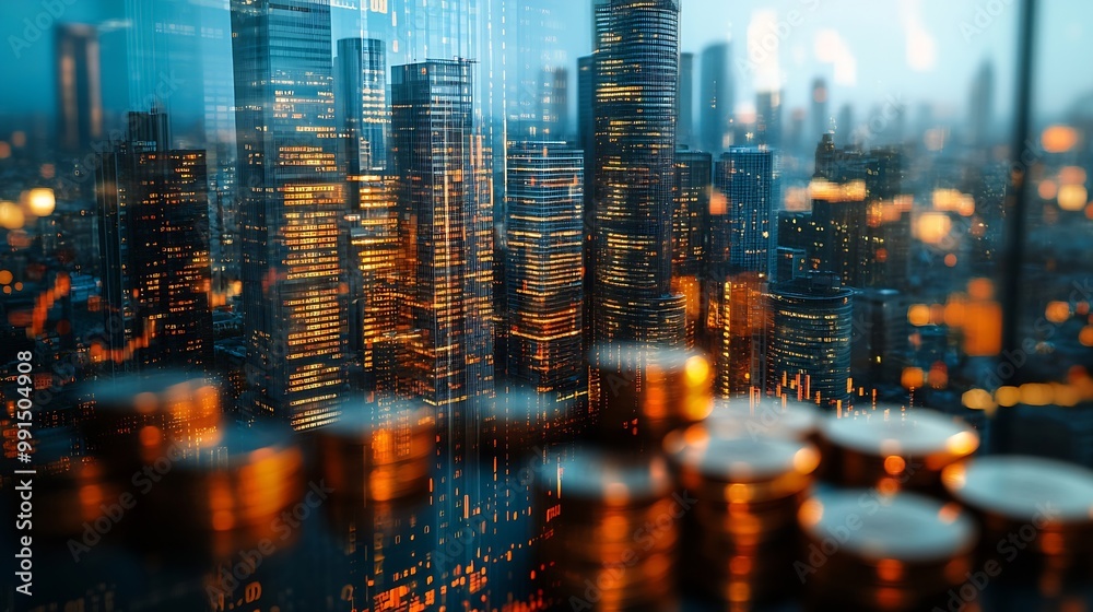 Poster Double exposure of city and rows of coins with stock and financial graph on virtual screen Business Investment concept : Generative AI