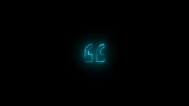 Neon left double quote icon cyan glowing black background animation