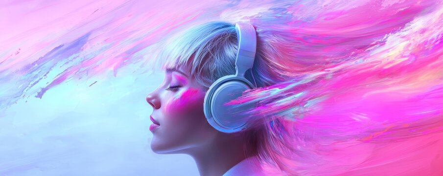 A music lover listening to her favorite songs, her headphones connecting her to the rhythm as the vibrant background reflects her mood.