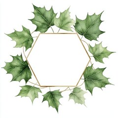 Fototapeta premium Hexagonal frame decorated with green leaves on a white background.