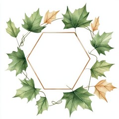 Naklejka premium Hexagonal frame with green and yellow leaves on a white background