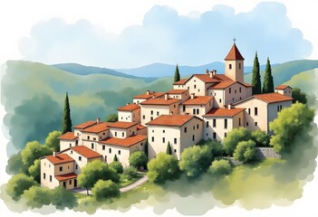 Obraz premium hand drawn watercolor painting of beautiful medieval village. landscape painting with buildings, house, brick wall,roof,farm land, hill, trees, lavender fields and bright blue sky for print, etc 