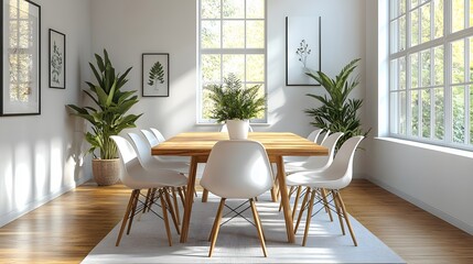 Obraz premium Bright Scandinavian dining room with modern chairs and a wooden table