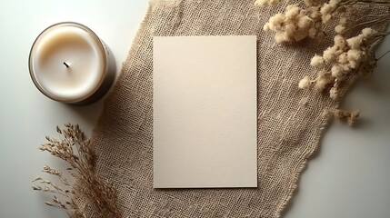 Black invitation card mockup with a  dried flower decoration and a candle on the beige table 5x7 ratio similar to A6 A5 : Generative AI