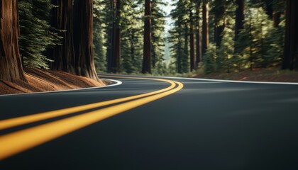 Obraz premium Highway winding through towering redwoods, ultra-realistic 8K detail, sharp focus, giant trees loom above, creating a peaceful and majestic forest scene, vibrant and perfectly rendered