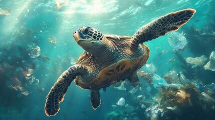 Obraz premium Sea turtle swimming through ocean submerged in debris and plastic waste.