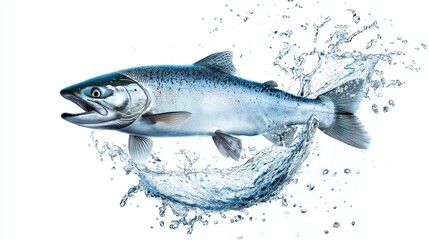 Fototapeta premium Leaping salmon fish with water splash, highly detailed fins and scales, hyper-realistic rendering, isolated on white background