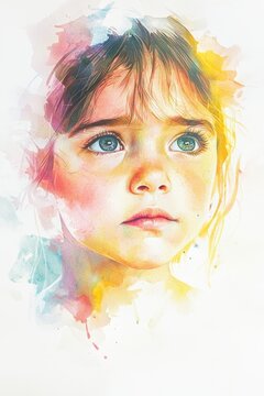 A soft watercolor illustration of a young girl with large expressive eyes, gazing upward, in vibrant pastel tones.