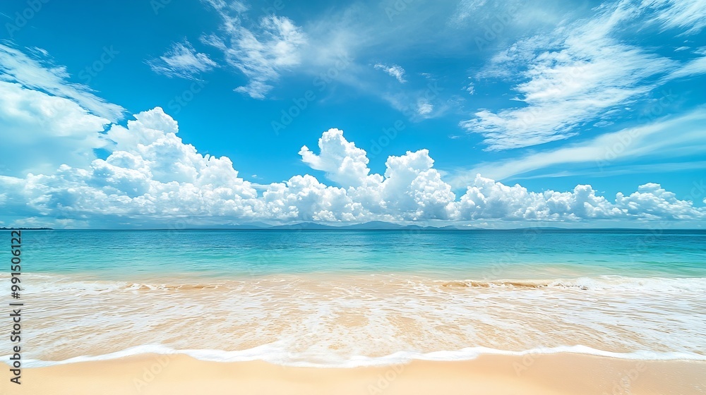 Poster beautiful tropical beach with blue sky and white clouds abstract texture background copy space of su