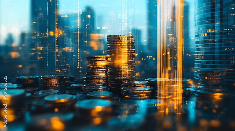 Aufkleber double exposure of city graph rows of coins and blank space for finance and business concept : gener