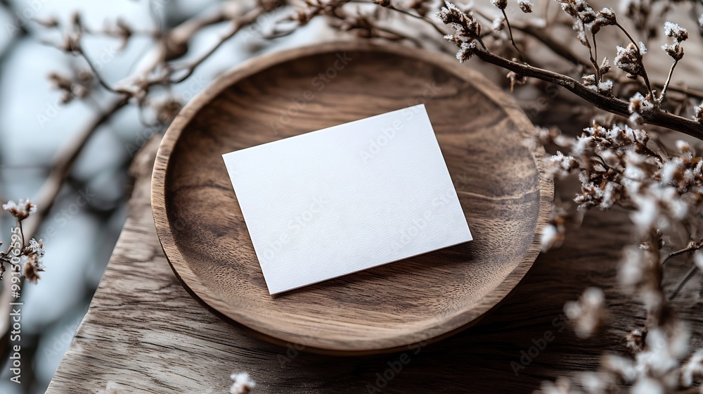 Poster blank white business card mockup on wooden plate chop board grey table backgound modern minimalist t