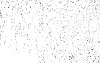 Raindrops on wet glass against a white background. Ideal for backgrounds, nature themes, and weather-related projects. High resolution and minimalist design.