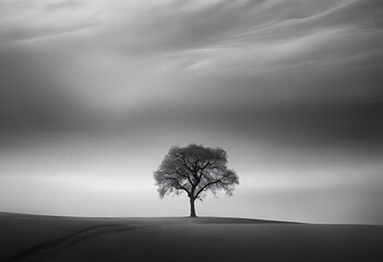 Obraz premium A solitary tree stands majestically in a foggy field at dawn, surrounded by mist and soft grass under a serene sky