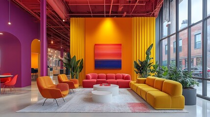 Creative coworking space with bold colors and flexible seating options