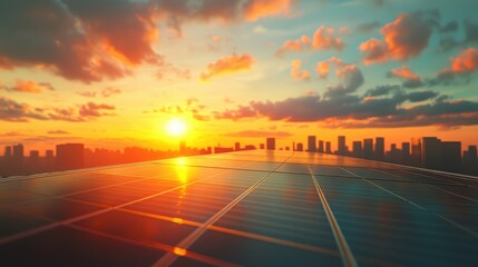 Fototapeta premium Solar panels reflecting sunset over a city skyline, vibrant evening colors.
