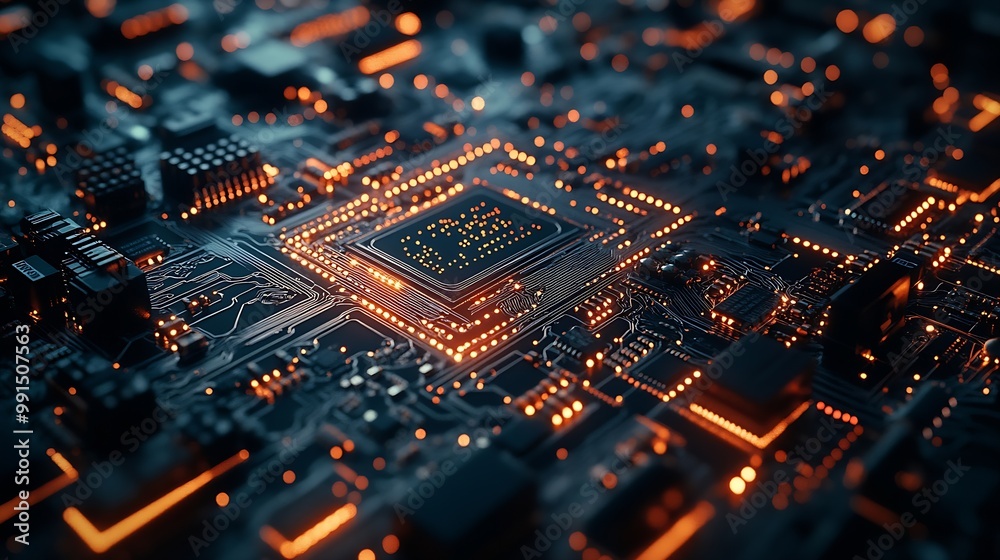 Aufkleber Advanced Technology Concept Visualization Circuit Board CPU Processor Microchip Starting Artificial Intelligence Digitalization of Neural Networking and Cloud Computing Digital Lines M : Generative AI