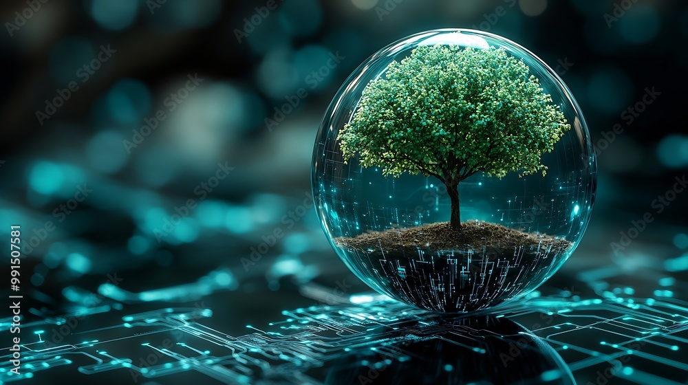Fototapete Tree growing on Circuit digital ball Digital and Technology Convergence Blue light and Wireframe network background Green Computing Green Technology Green IT csr and IT ethics Concept : Generative AI