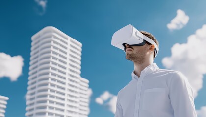A virtual architect standing in a digital world, wearing a VR headset while designing futuristic buildings, representing the next phase in construction technology.