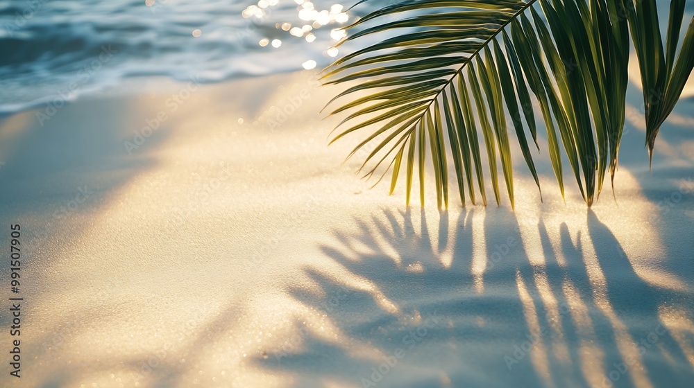 Aufkleber palm leaf shadow on abstract white sand beach background sun lights on water surface beautiful abstr