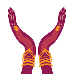 Two hands in a pink and gold color, with one hand being larger than the other. The hands are open and appear to be holding something, possibly a bracelet or a ring. Scene is elegant and sophisticated