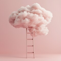 Soft, fluffy cloud connected to a wooden ladder, pastel pink minimalism, surreal dreamscape, ultra-realistic textures, 8K clarity, whimsical and imaginative composition, serene atmosphere
