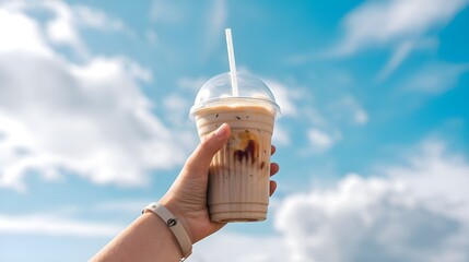 Obraz premium Iced Coffee with Straw Agnst Blue Sky with Clouds