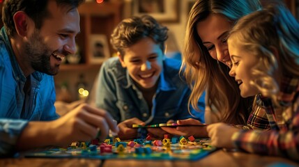 A joyful family playing a board game together, sharing smiles and laughter in a cozy setting.