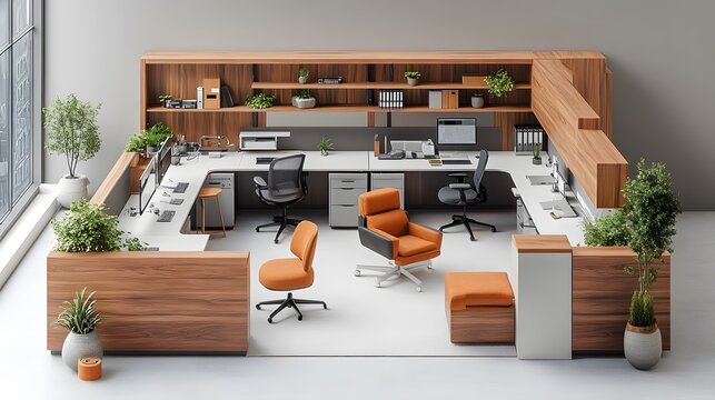 Office layout with ergonomic furniture and modern technology