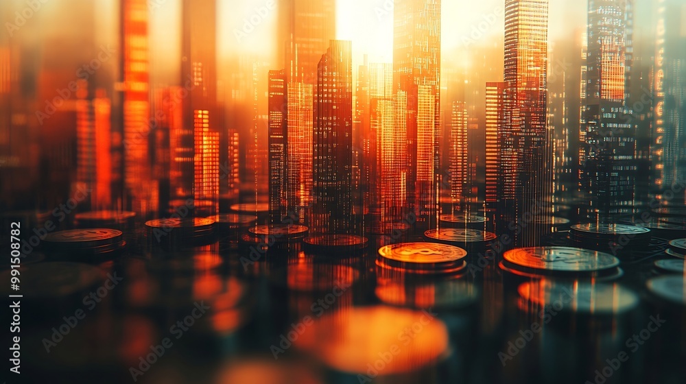 Fototapete double exposure of city and graph on rows of coins for finance and banking concept : generative ai