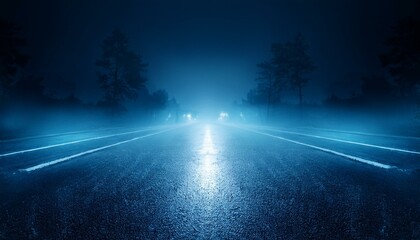 Blue dark background of empty foggy street with wet asphalt, illuminated by a searchlight, laser beams, smoke