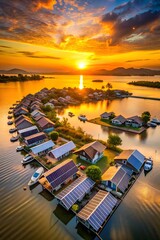 Fototapeta premium Floating houses, houseboats, water, solar panels, sustainable living, waterfront, homes, houses, lake, river, eco-friendly, architecture, nature, dwelling, living