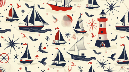 Seamless pattern with colorful marine symbols depicting lighthouses and ships