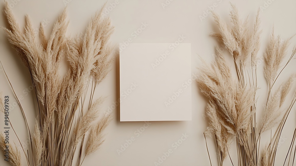 Leinwandbilder white paper empty blank dried grass decoration on beige background invitation card mockup on beige t