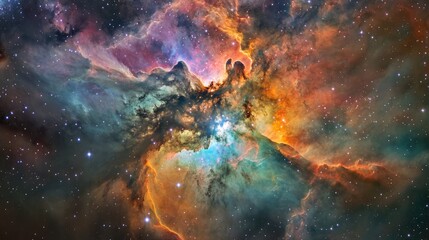 Envision swirling nebulae in a vivid array of colors, with ethereal gas clouds and shimmering stardust.