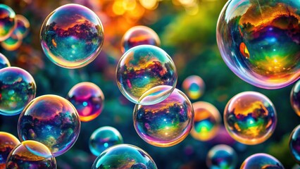 Naklejka premium beauty, soap bubbles, magical, floating, macro, light, playful, surreal, Abstract macro photograph taken from a bird s eye view featuring colorful soap bubbles floating in the air