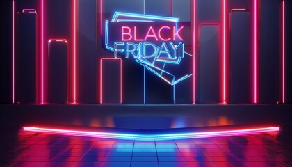 Bright neon friday sale banner, stylish dark background, creative design template. Friday shopping promotion. Empty area, unique backdrop. 3d graphics, dimensional design