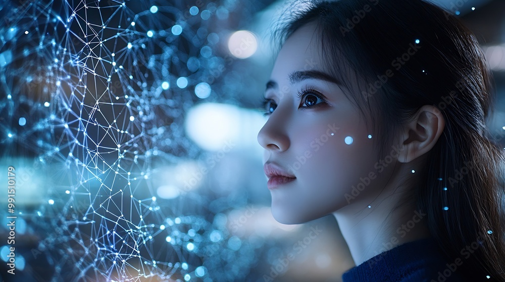 Fototapete Digital technology internet network connection big data digital marketing IoT internet of things Woman using modern computer surfing internet futuristic metaverse innovative technology : Generative AI