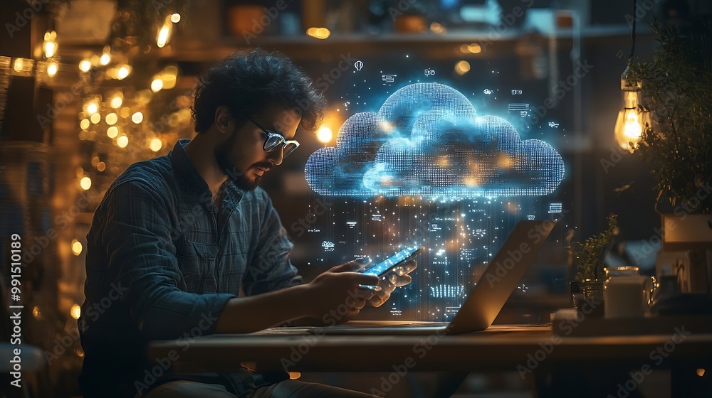 Poster Digital technology cloud computing concept Software engineer using mobile smart phone and laptop computer with global network connection Technology innovative and communication concept : Generative AI