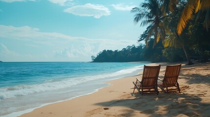 Beautiful beach Chairs on the sandy beach near the sea Summer holiday and vacation concept for tourism Inspirational tropical landscape Tranquil scenery relaxing beach tropical landsca : Generative AI