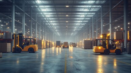 Warehouse interior with forklifts, illuminated aisles, and stacked pallets, industrial setting.