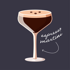 Espresso martini cocktail isolated on black background. Vector illustration of trendy alcohol drink in high glass